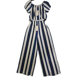 Bellambra~Woman S~Linen Blend Boho Top/Pants 2 Pc. Striped Italy Blue/Beige NWT.